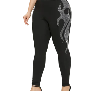 Plus Size Black Leggings With Rhinestone Flame Design