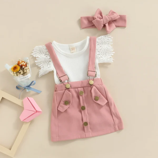Baby Girls Outfit Sets White Flying Sleeve Romper With Headband - Image 4