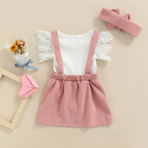 Baby Girls Outfit Sets White Flying Sleeve Romper With Headband - Image 3