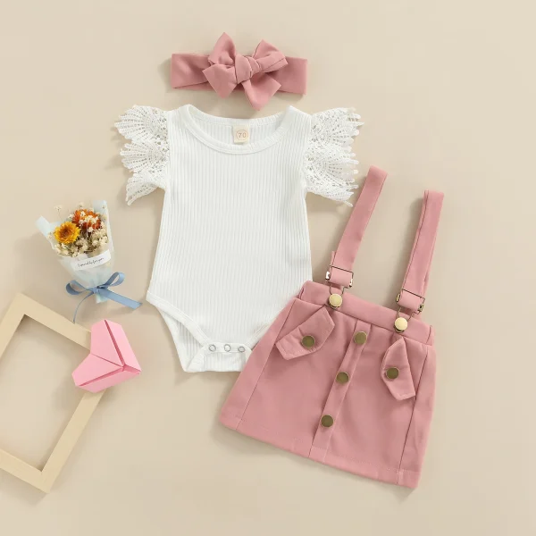 Baby Girls Outfit Sets White Flying Sleeve Romper With Headband - Image 2